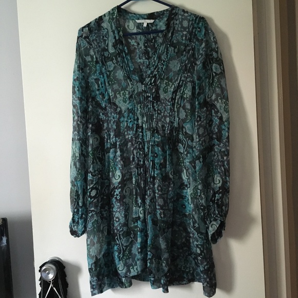 CASSIS Teal Blue Paisley Silk Chiffon Pin Tuck Mini Dress L - Picture 3 of 5